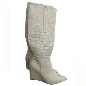 JustFab Michaela Cream Croc-Embossed Wedge Knee-High Boots Size 7.5